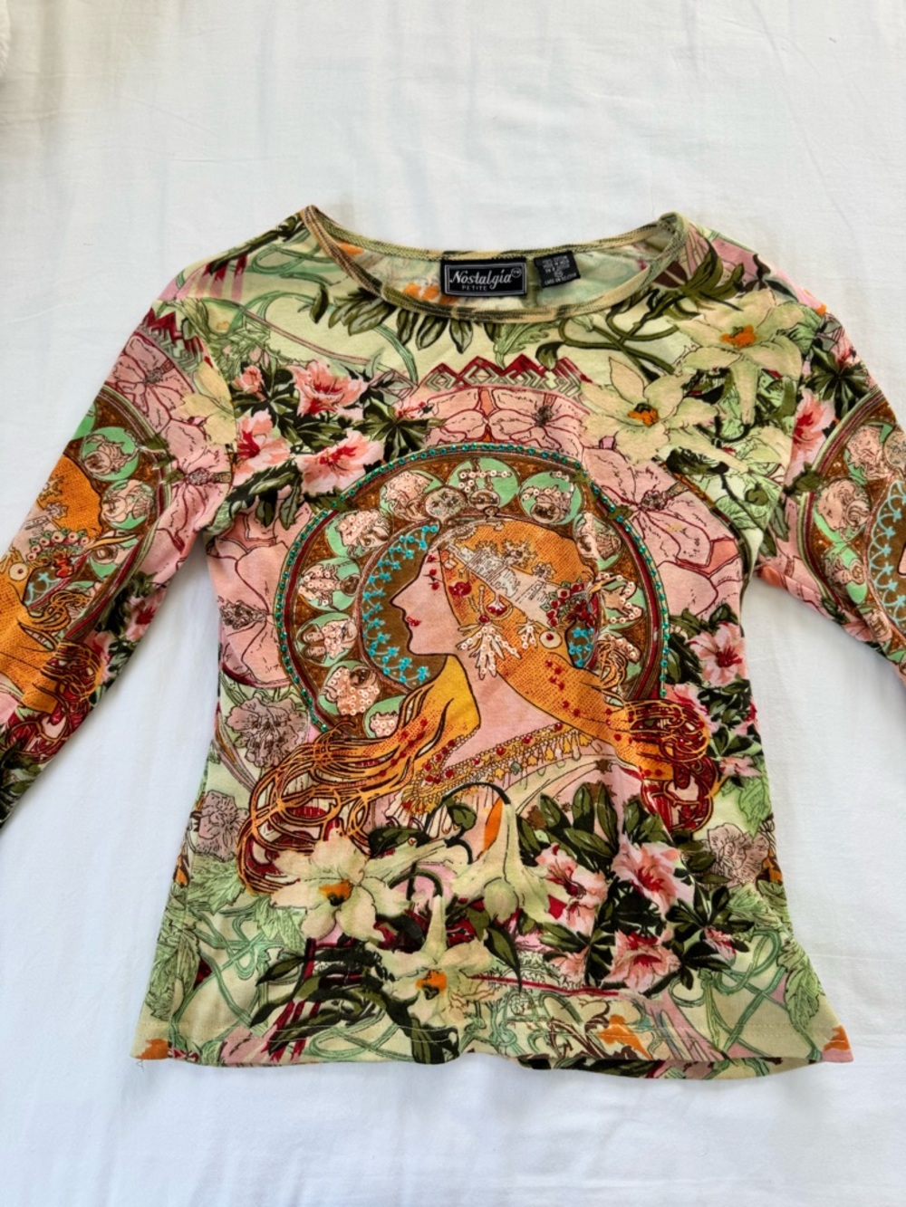 Nostalgia Art Nouveau Floral Long Sleeve Top - Pink, Green & Orange